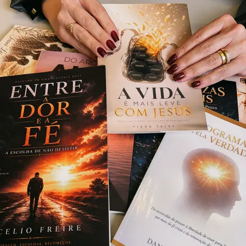 Mãos segurando livros publicados pela Editora Raízes Cristãs